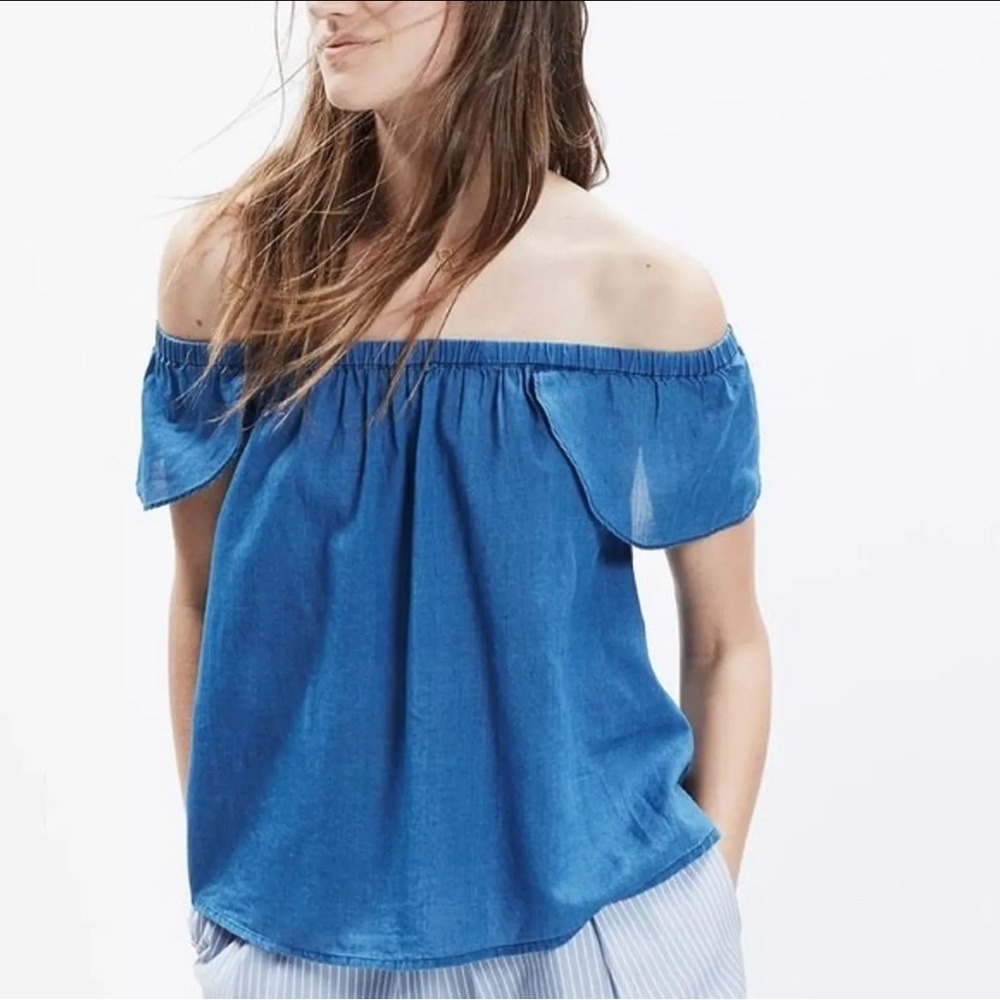 MADEWELL Indigo Cotton Off the Shoulder Top Blue Short Sleeve‎ Chambray Denim